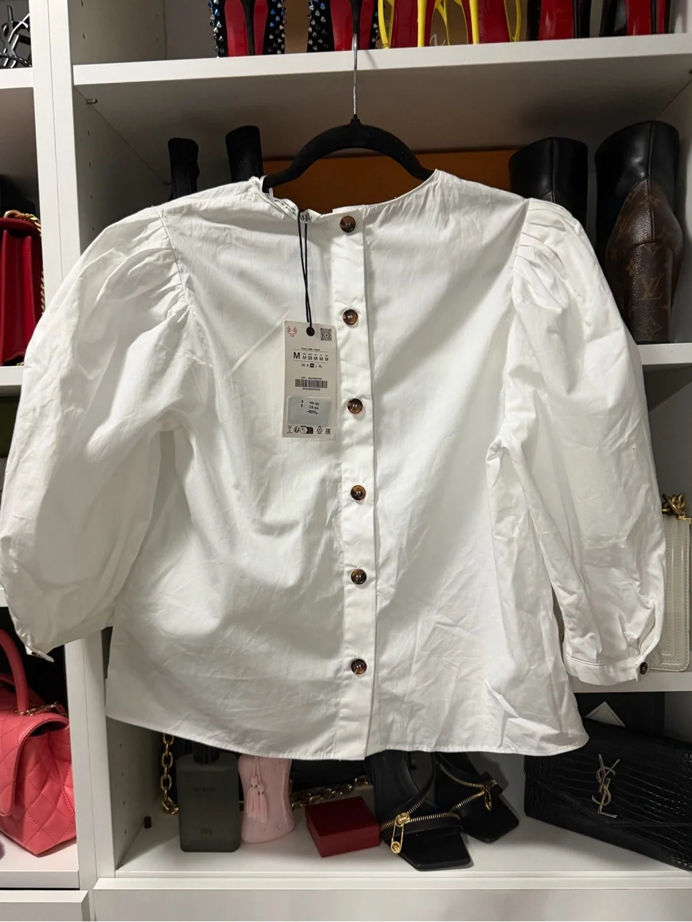 Zara White Puff-Sleeve Button-Back Blouse